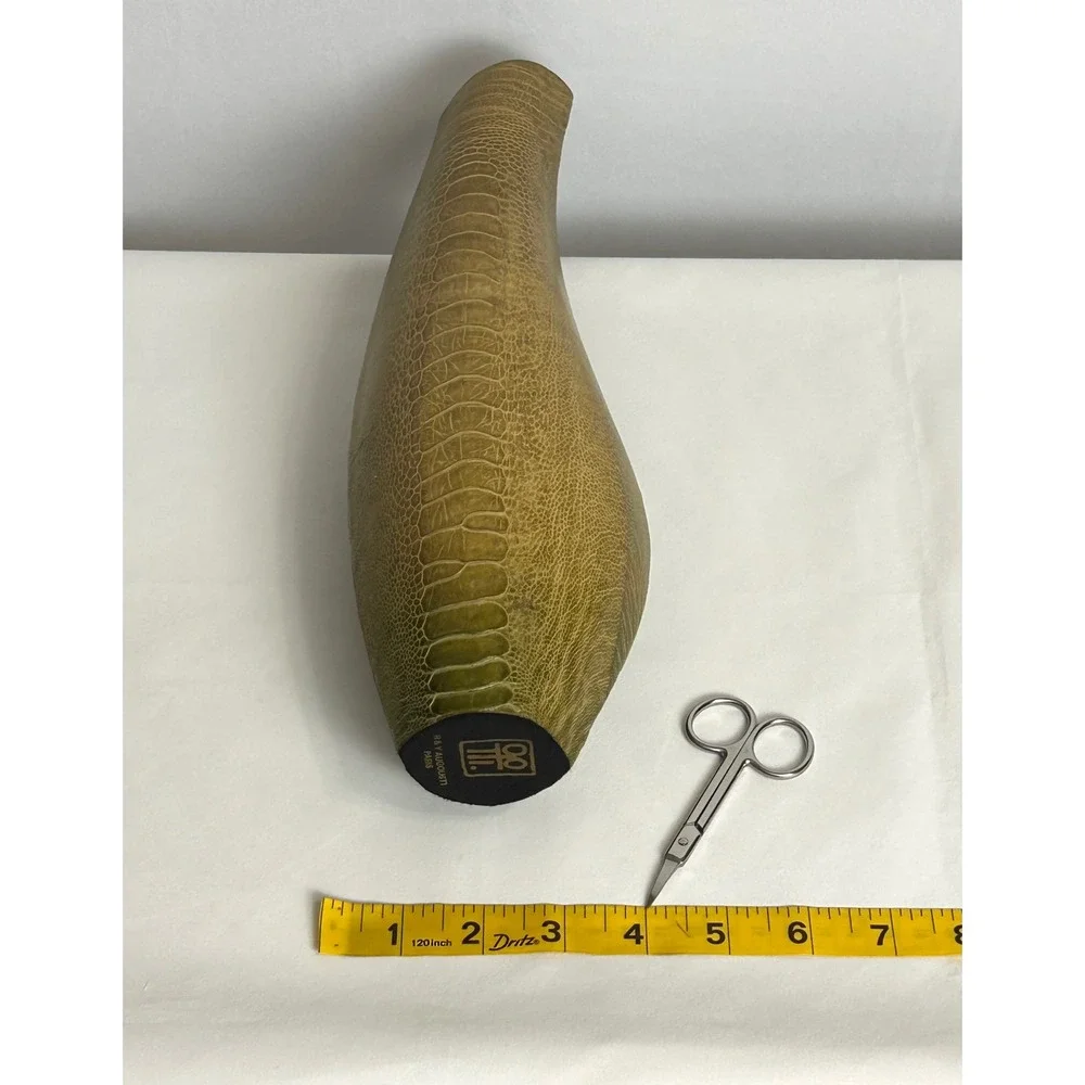 R & Y Augousti Paris Exotic Reptile Embossed Leather Texture Green Curved Vase